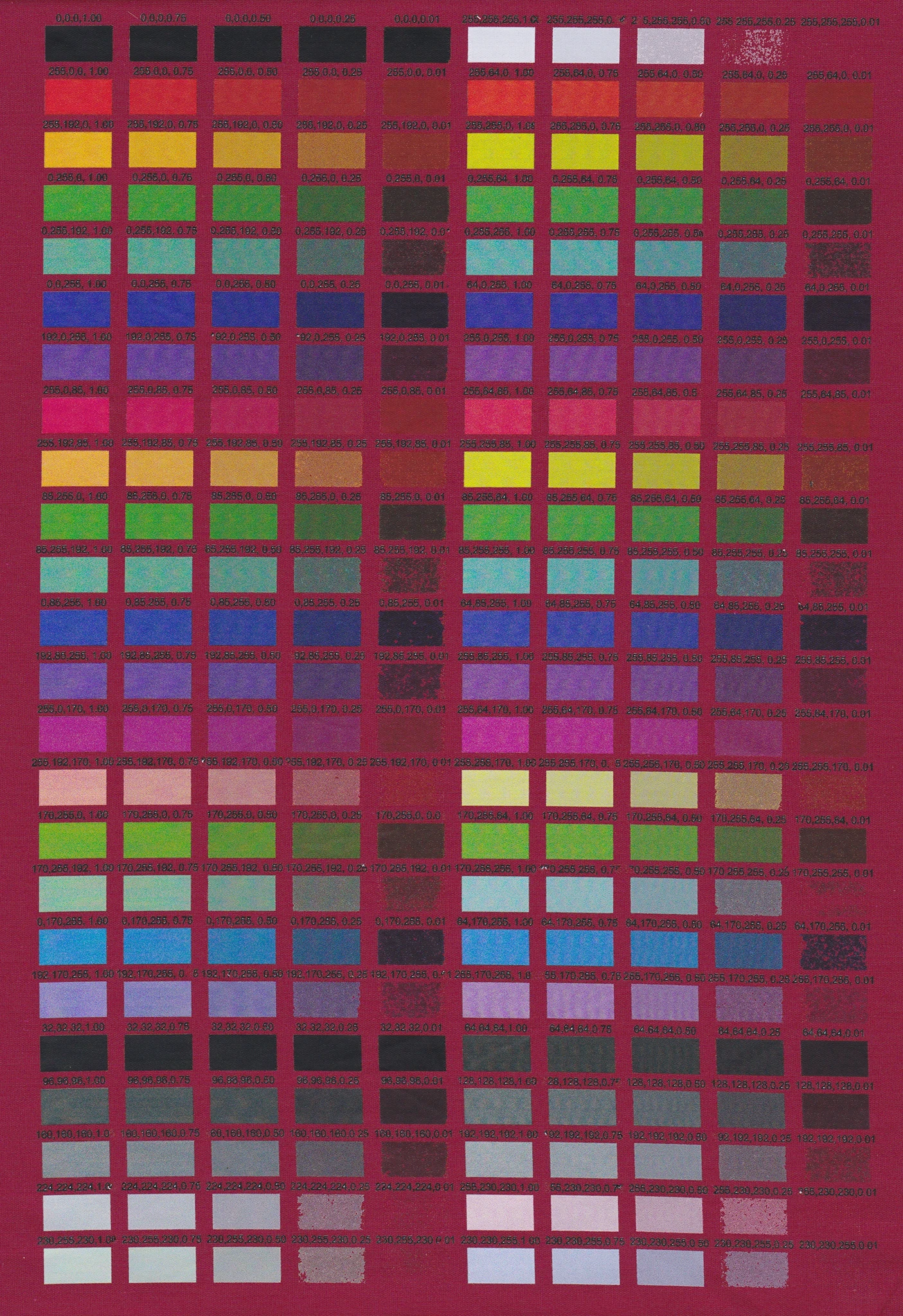 Colour chart showing varying transparency levels on a red background