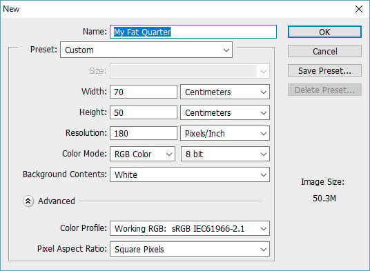 New Image Dialog showing dimensions in CM