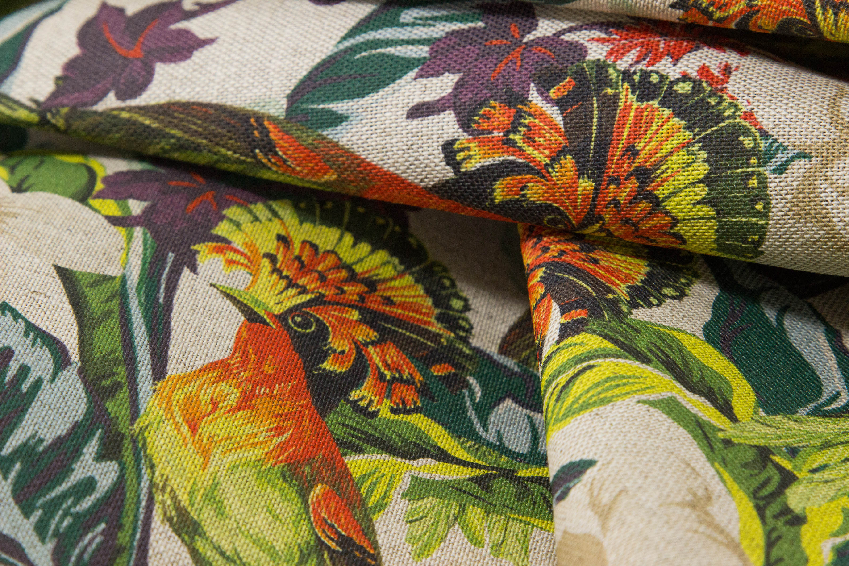 British Natural Linen fabric custom printed on demand in an exotic bird design.