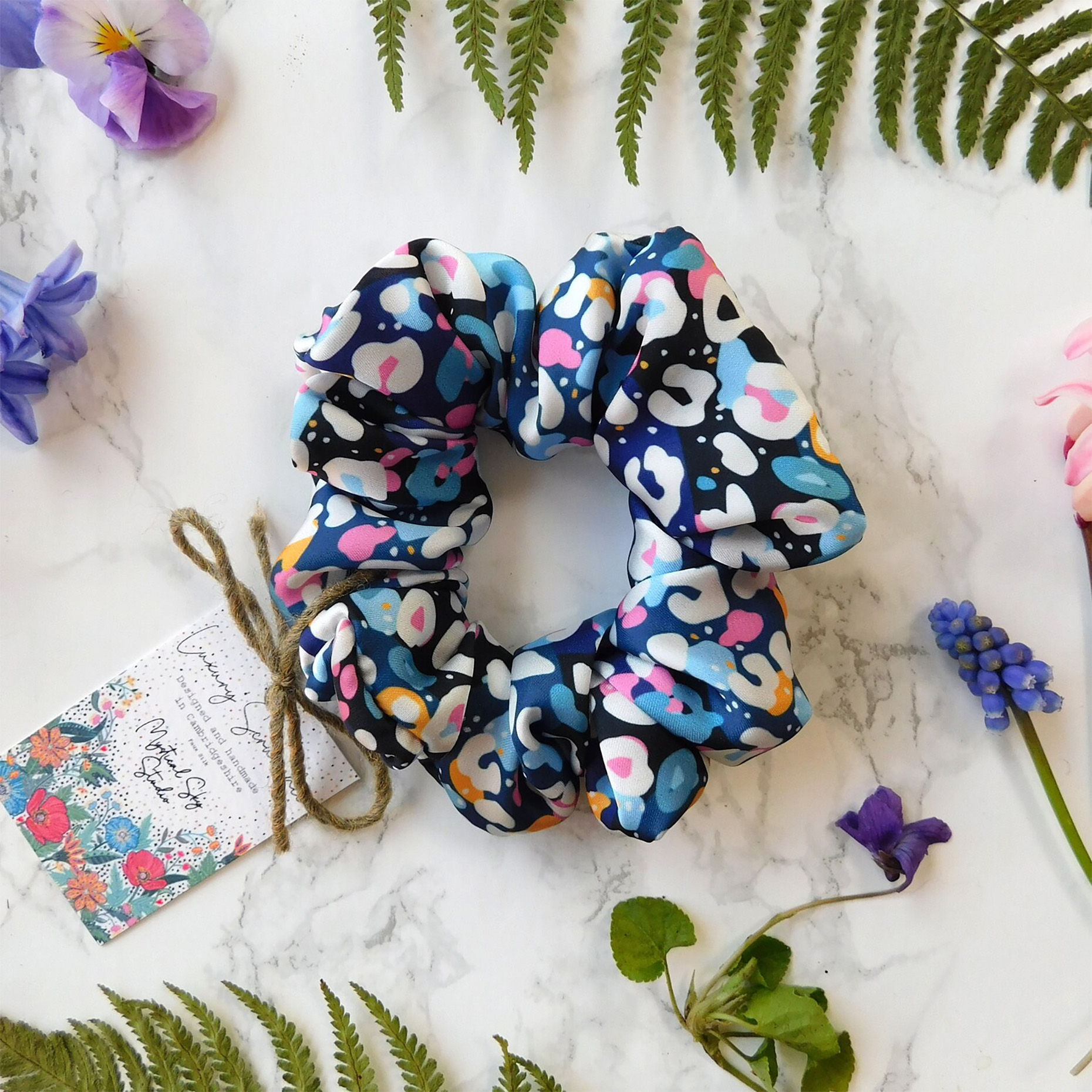 Hair scrunchy made using custom printed fabric Julia Sarah Lown