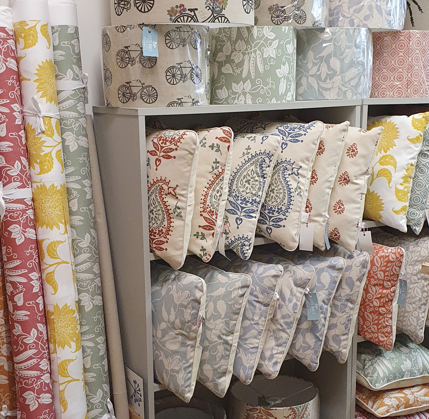 Range of fabric, cushion and lampshade products by Lizzie Mabley