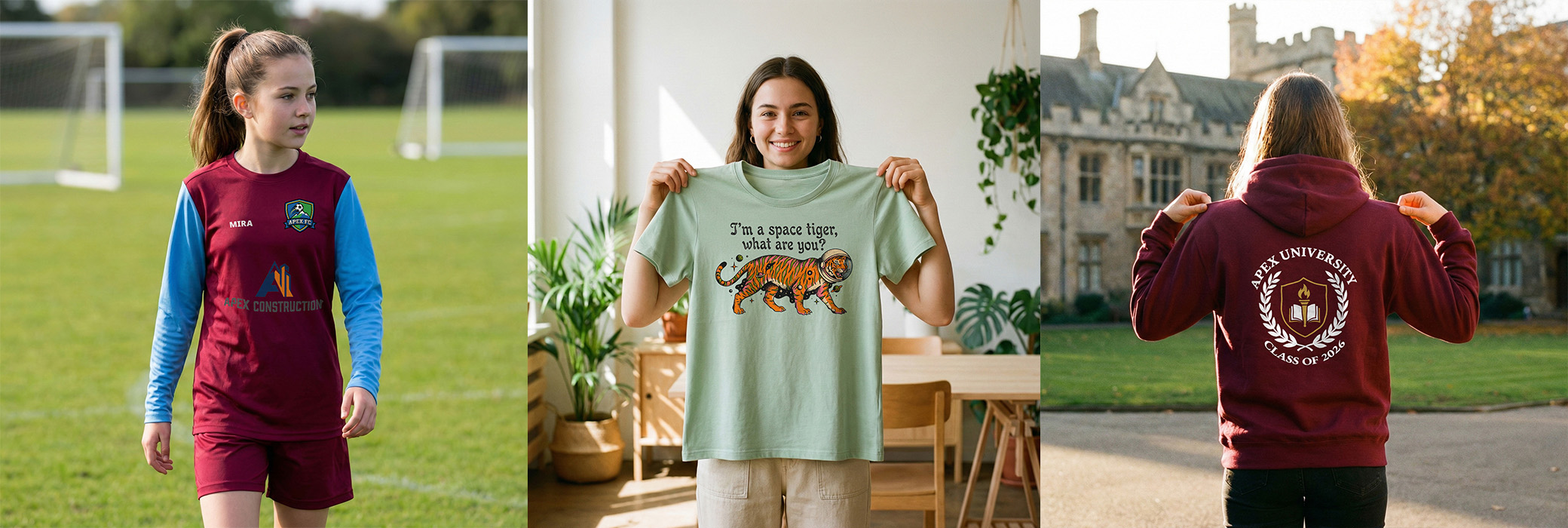 Person wearing a colourful custom graphic on a shirt