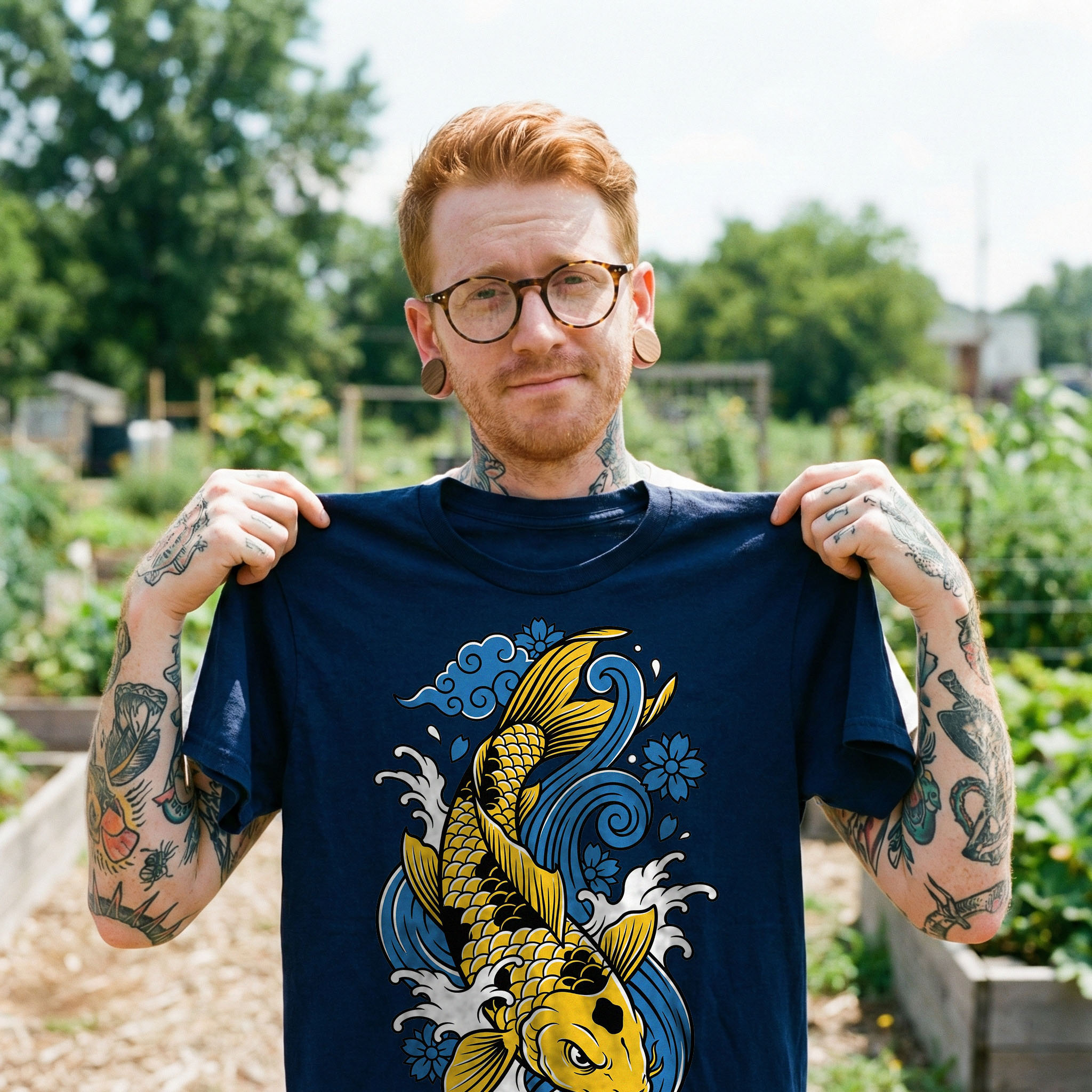 Someone holding DTF artwork transferred to a blue t-shirt