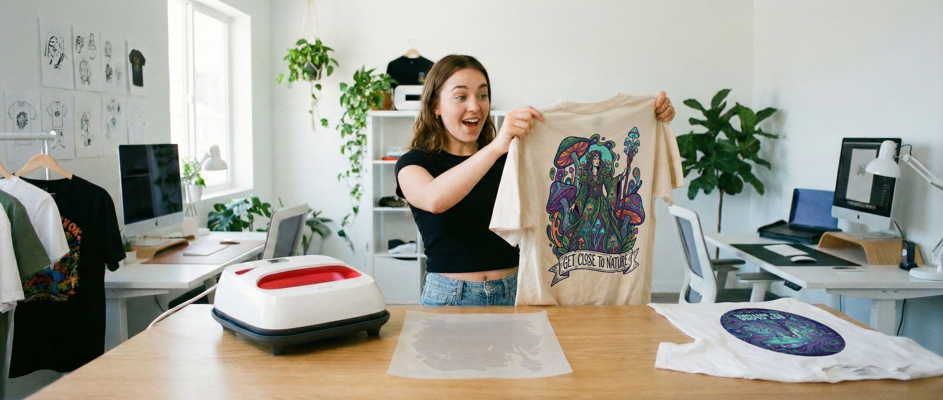 A woman holding a shirt she created with a DTF transfer sheet. She is standing in a large clean design studio.