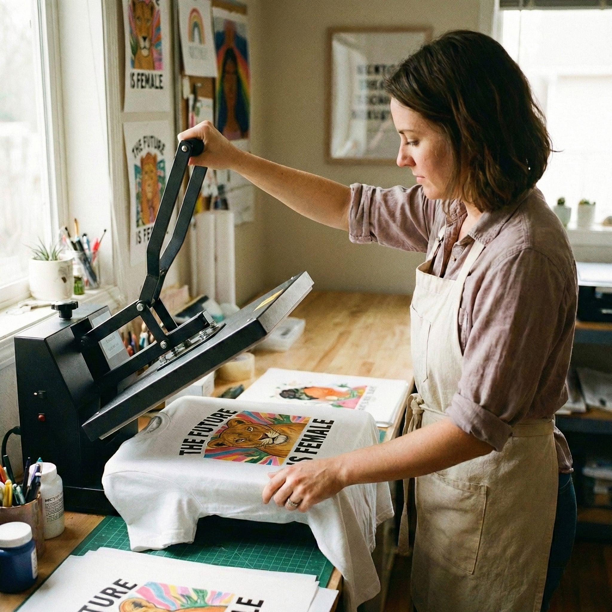 A woman using a heat press to transfer a DTF print