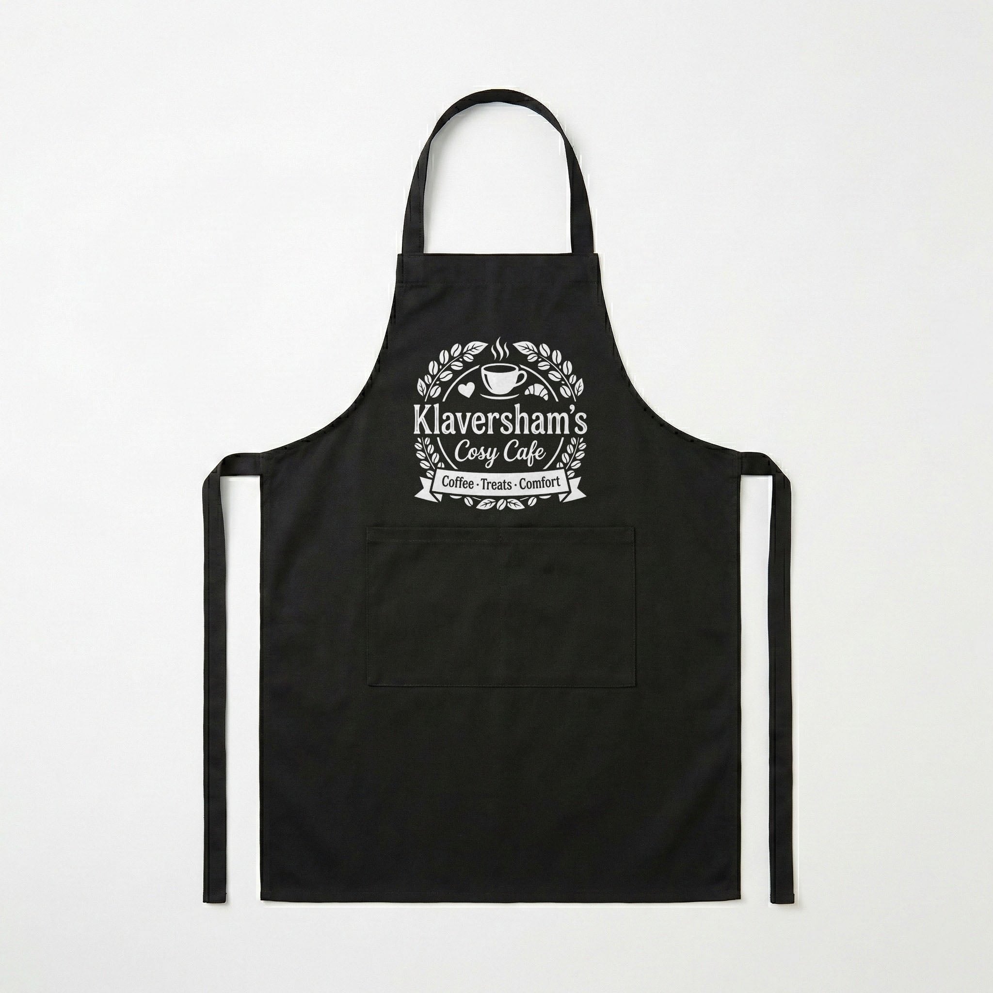 A black Apron with a DTF print