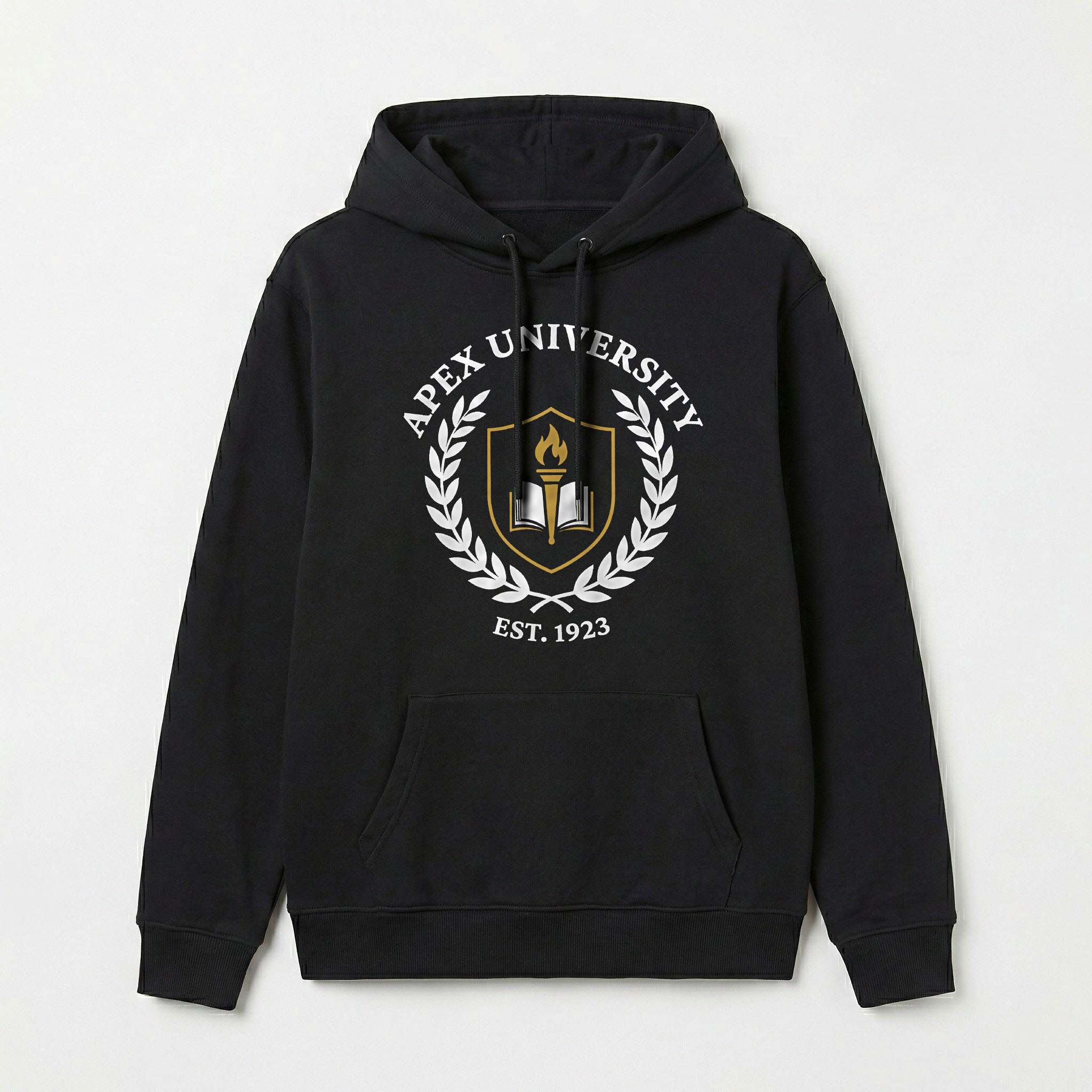 A Black hoodie with a DTF print
