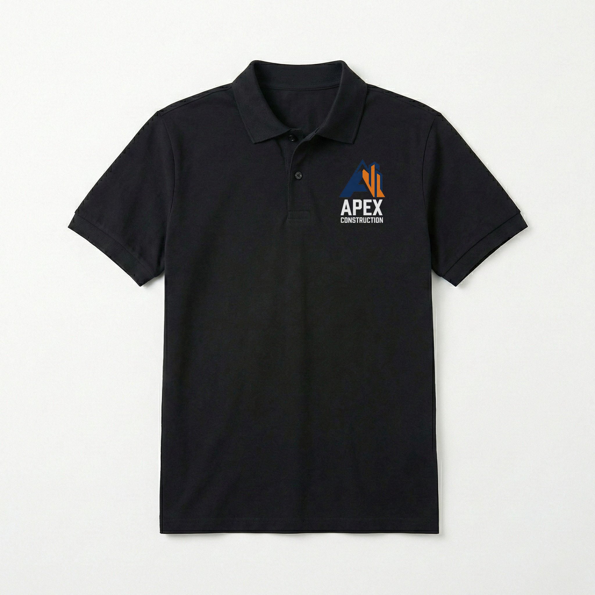 A black polo shirt with a DTF print