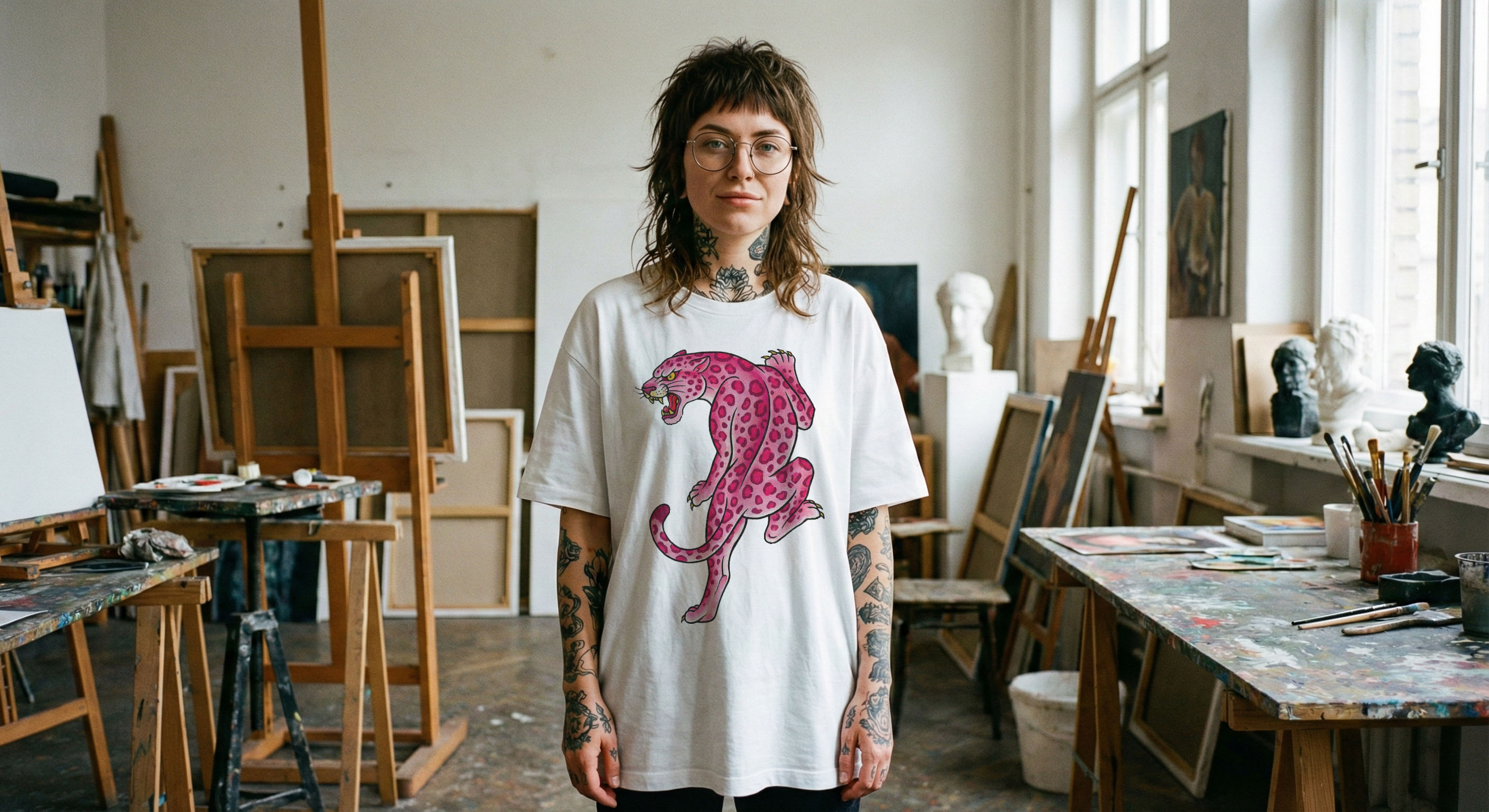 A woman wearing glasses and a tattoo-inspired artwork on a shirt of a pink jaguar.