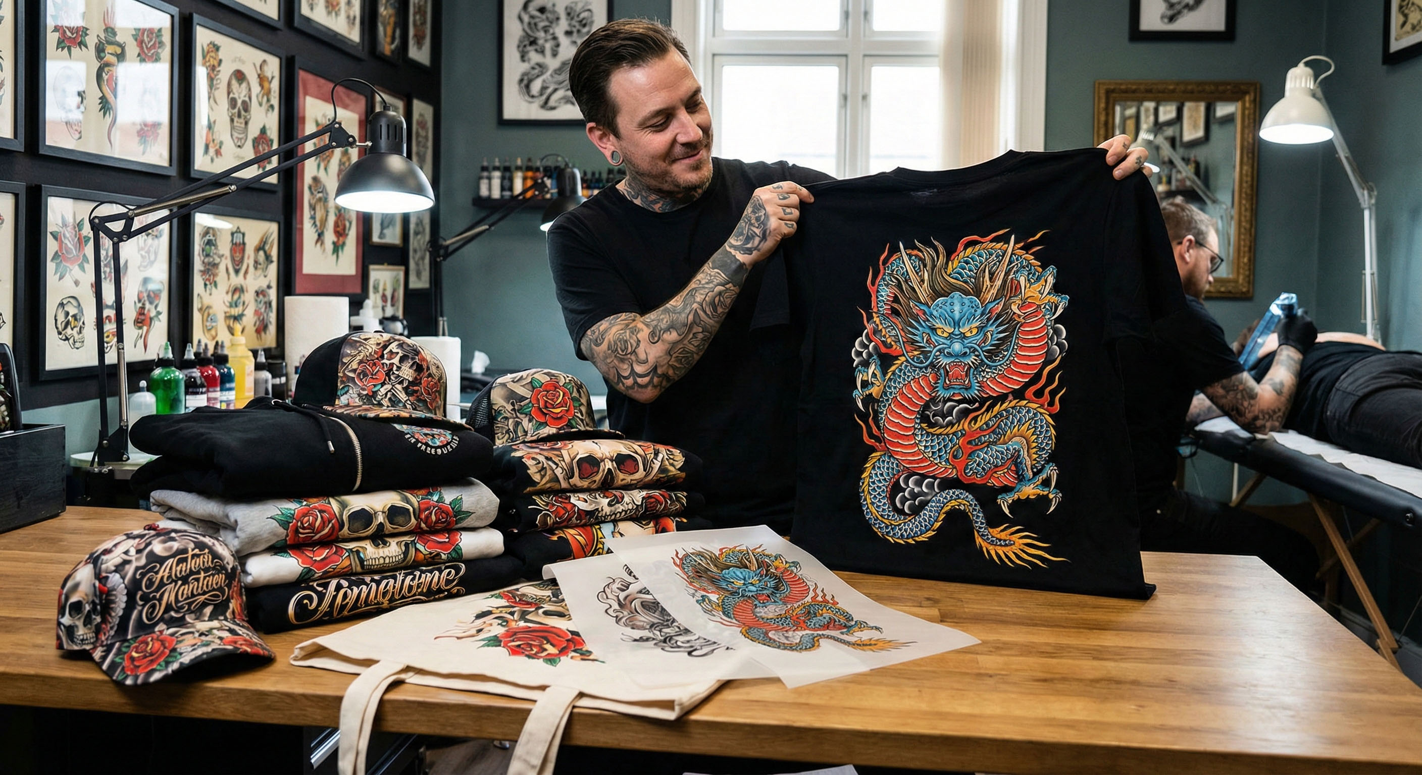 Tattoo artist holding a printed shirt featuring tattoo-style artwork