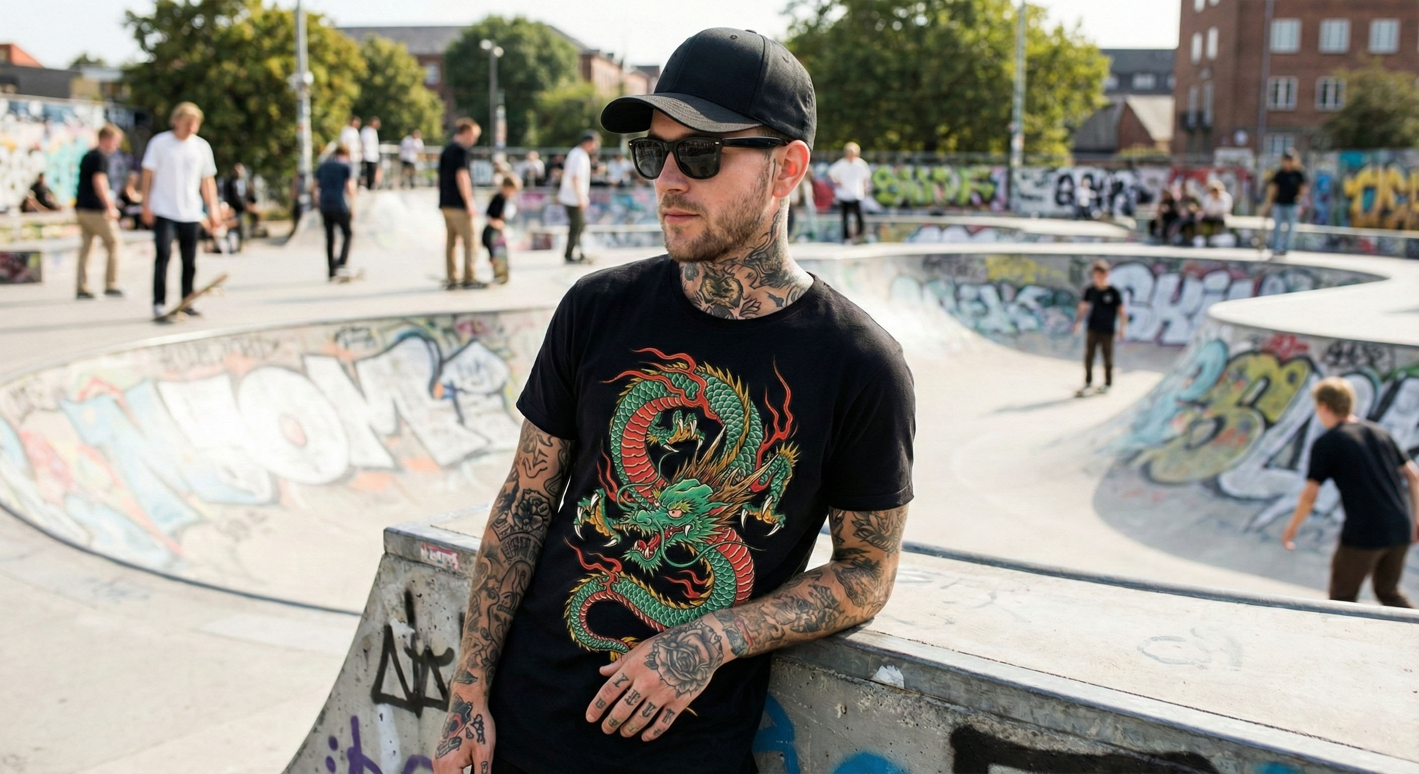 Person wearing custom tattoo-style merchandise outdoors at a skate park.